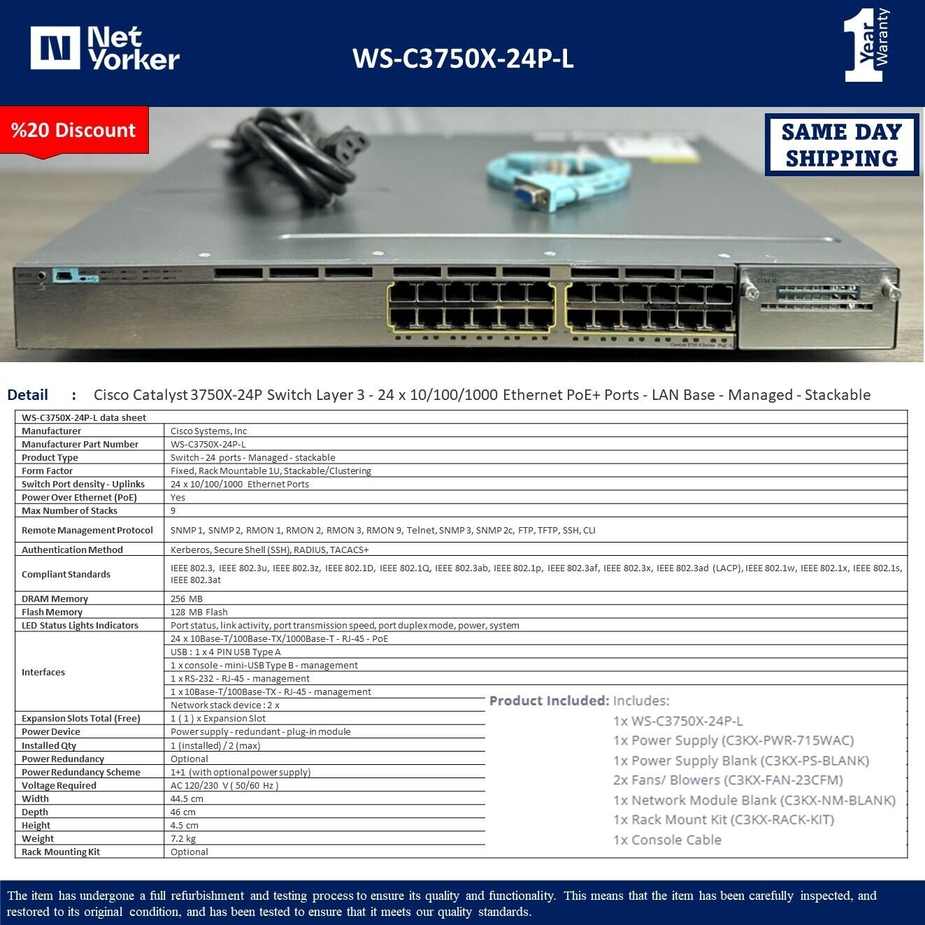 Cisco WS-C3750X-24P-L 3750X 24 Port PoE Gigabit Switch - Same Day Shipping