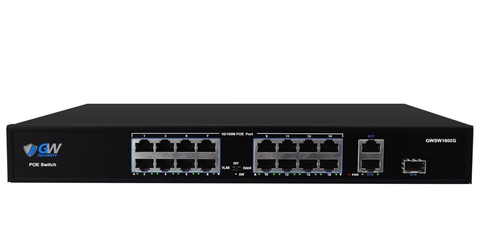 *NEW* GW Security GWSW1602G 16 Port POE Ethernet Switch 2x100Mbps Up, 1x 1 GB UP
