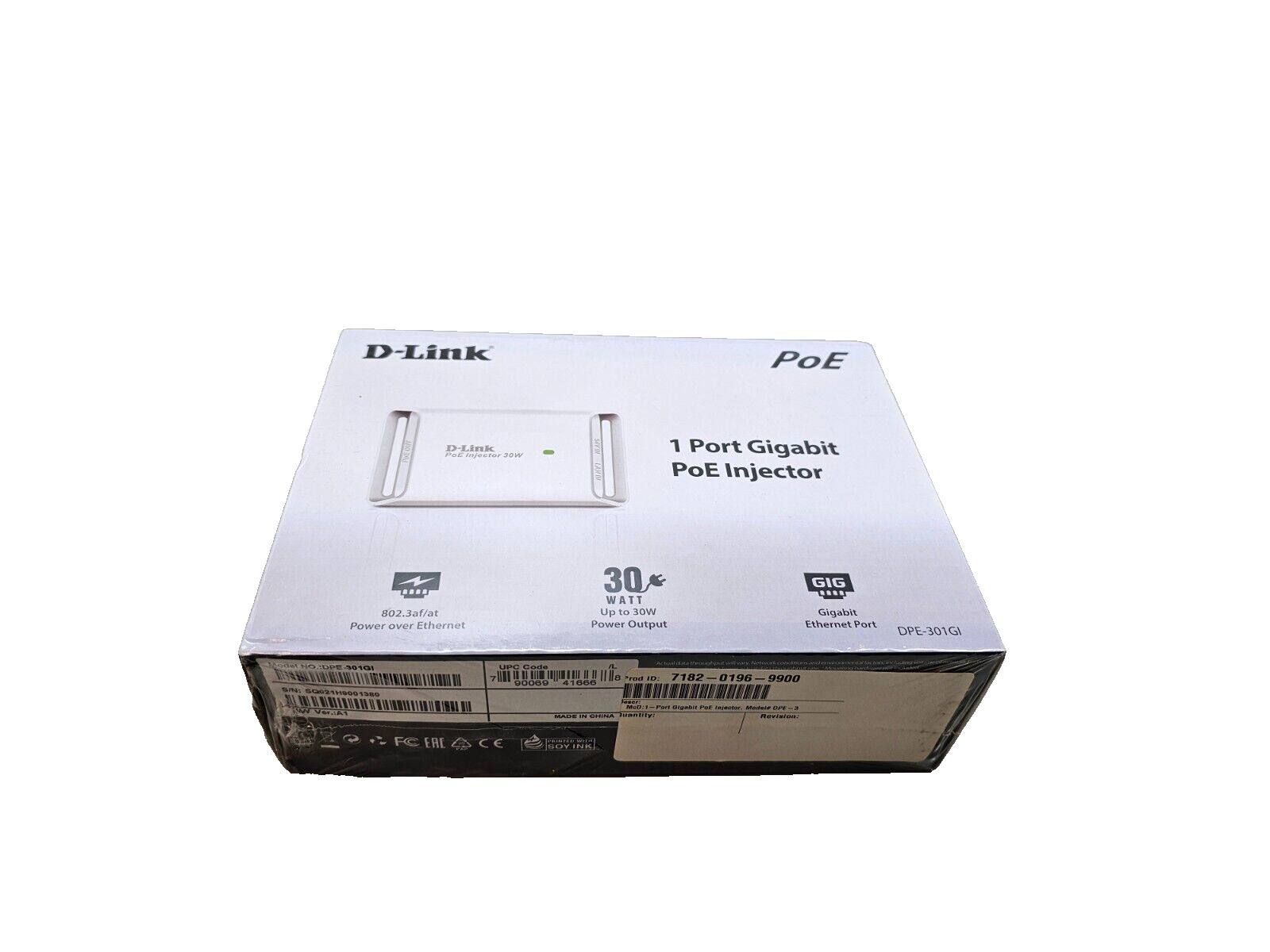D-Link DPE-301GI Gigabit PoE+ Injector, 30 Watts, 802.3af/at Compliant, 100m