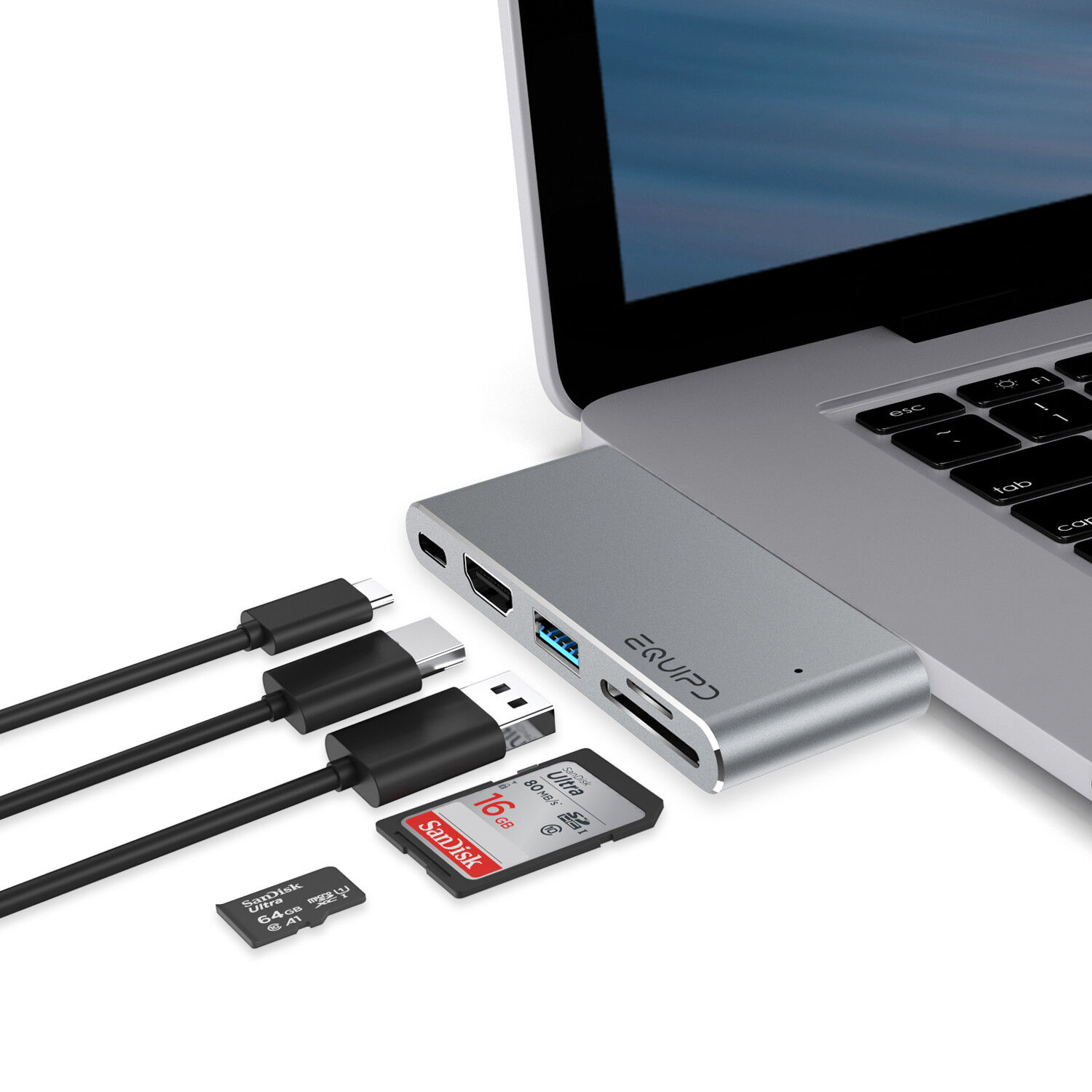 Aluminum USB-C Hub w/4K HDMI, Thunderbolt 3, USB 3, Card Reader for Macbook Pro
