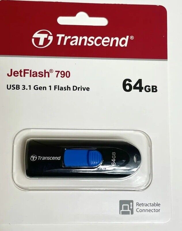 NEW Transcend JetFlash 790 64GB USB 3.1 Flash Drive - Black/Blue