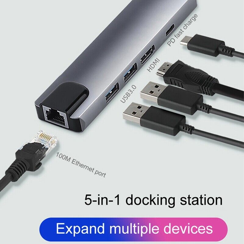 5in1 Type-c To HDMI USB3.0 LAN Ethernet Docking Station Hub Multipurpose Adapter