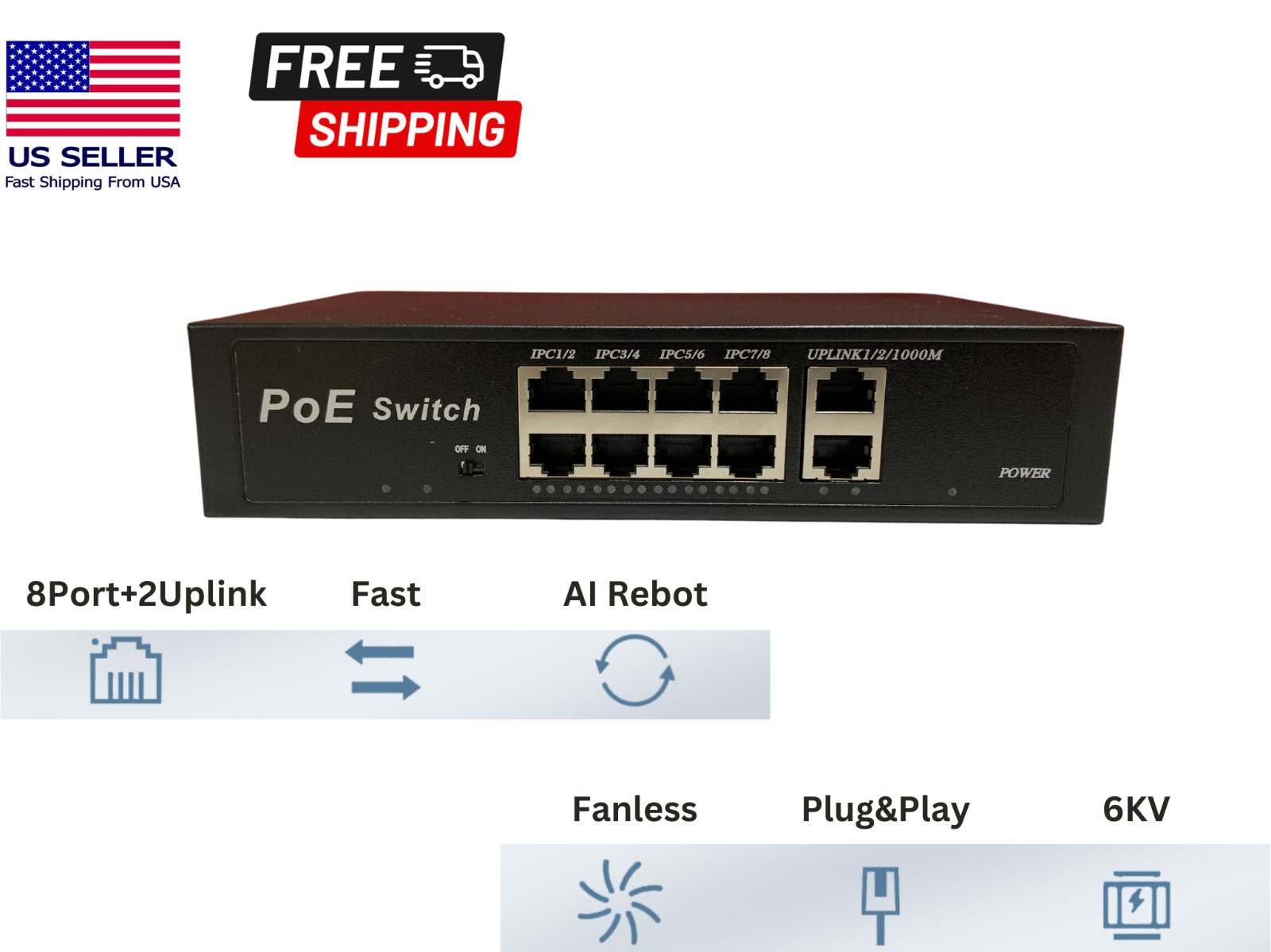 8 Port PoE Switch With 2 Uplink 120W 1G Extend to 250 Meter Unmanaged 803.af/at