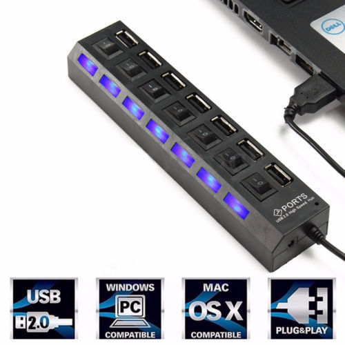 7-Port USB 2.0 Multi Charger Hub +High Speed Adapter ON/OFF Switch Laptop/PC US