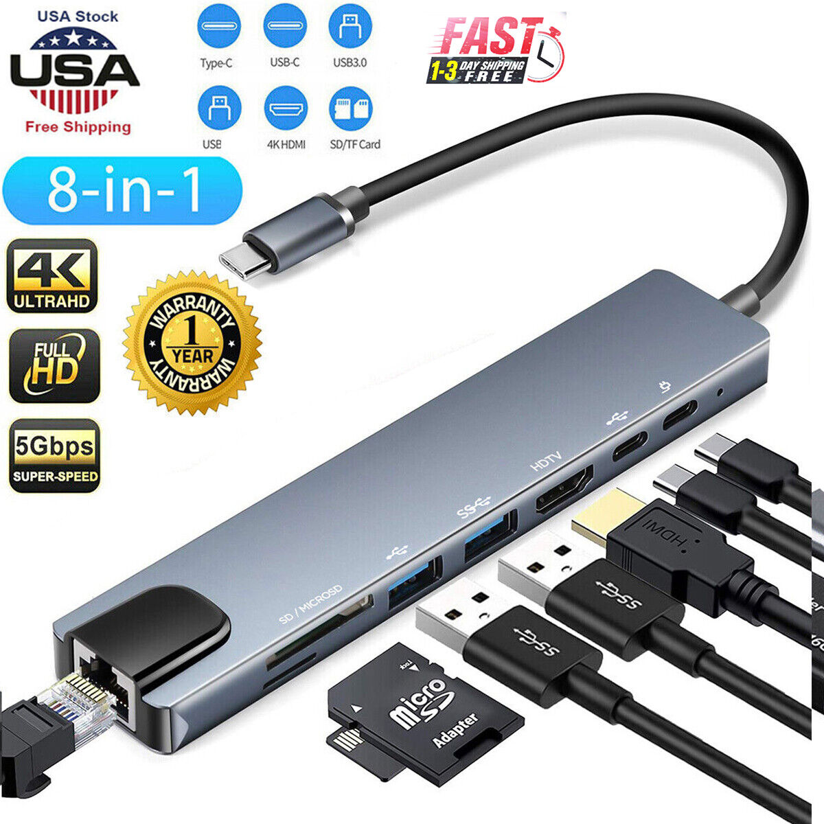 Multiport Type C USB 3.0 HUB to 4K HDMI Adapter SD/TF Card Reader For Macbook
