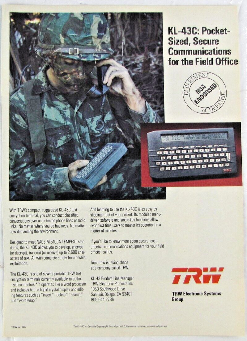 Vintage 1987 TRW Military Text Encryption Terminal Computer Print Ad