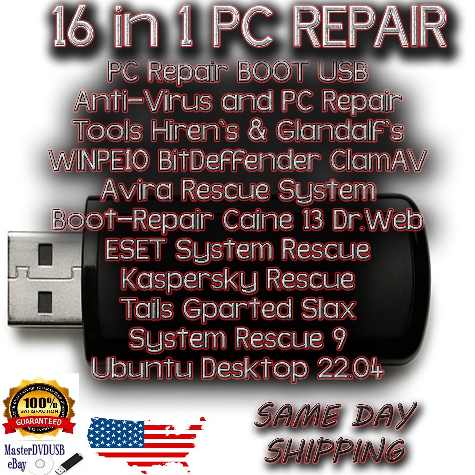 PC Repair BOOT USB With 16 Anti-Virus and PC Repair Tools Hiren`s & Glandafs USA