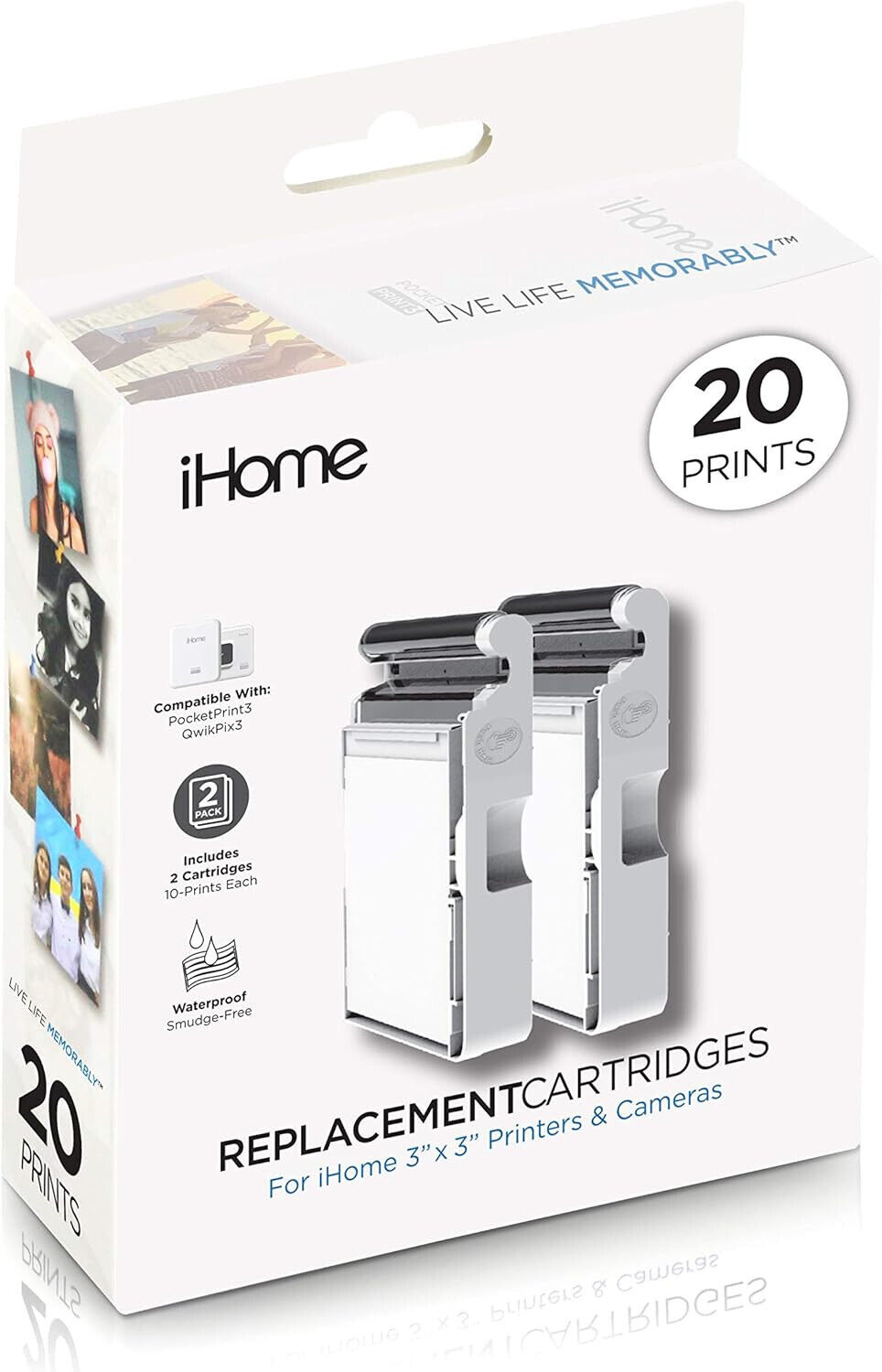 iHome 2-Pack of 3x3 Inch Ink+Square Paper Cartridge (20 Prints Total) (IHC33-20)