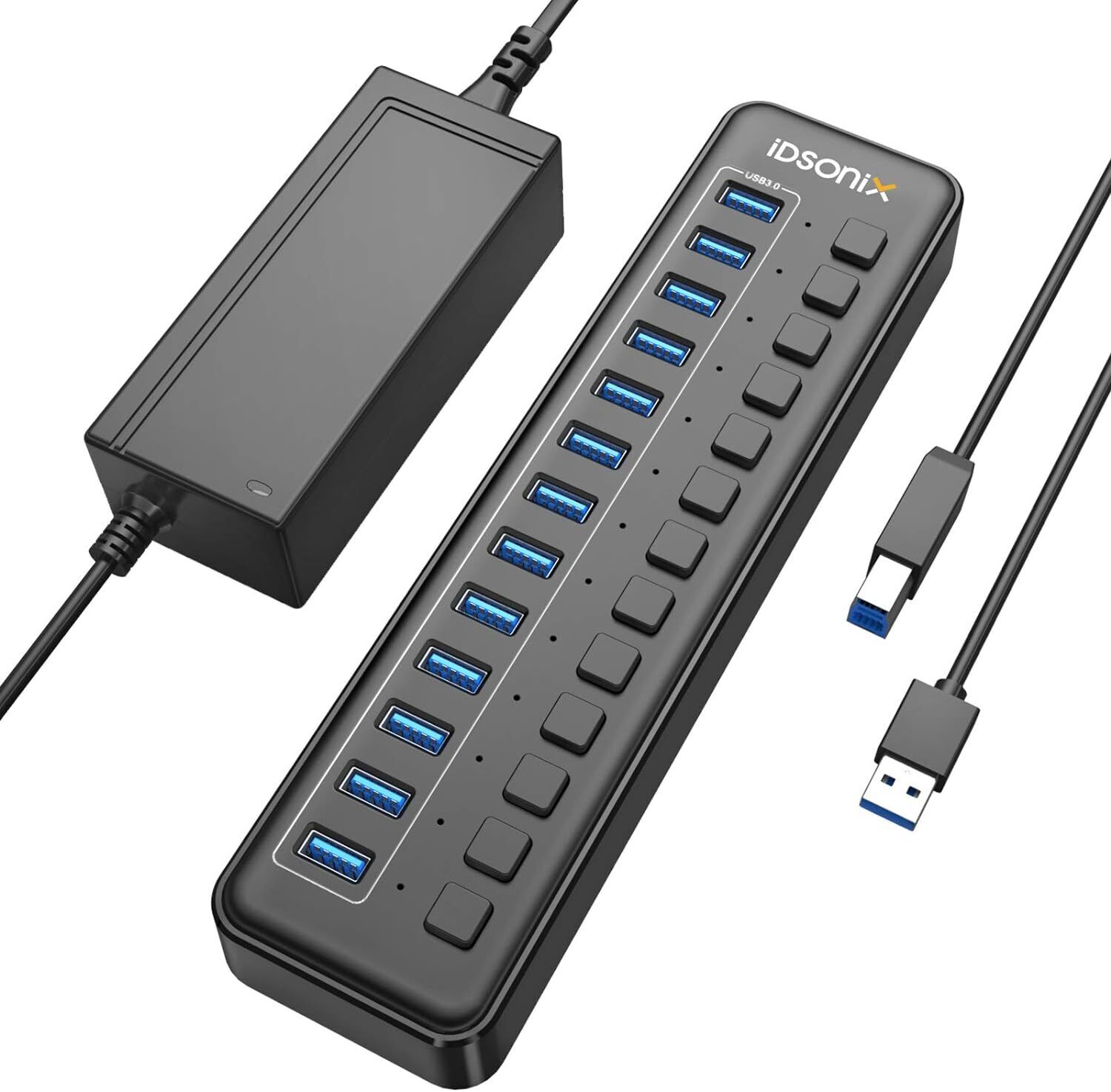 IDSONIX  13-Port USB 3.0 Hub (All Data/Charging BC1.2), 12V/5A Fast Charge 5Gbps