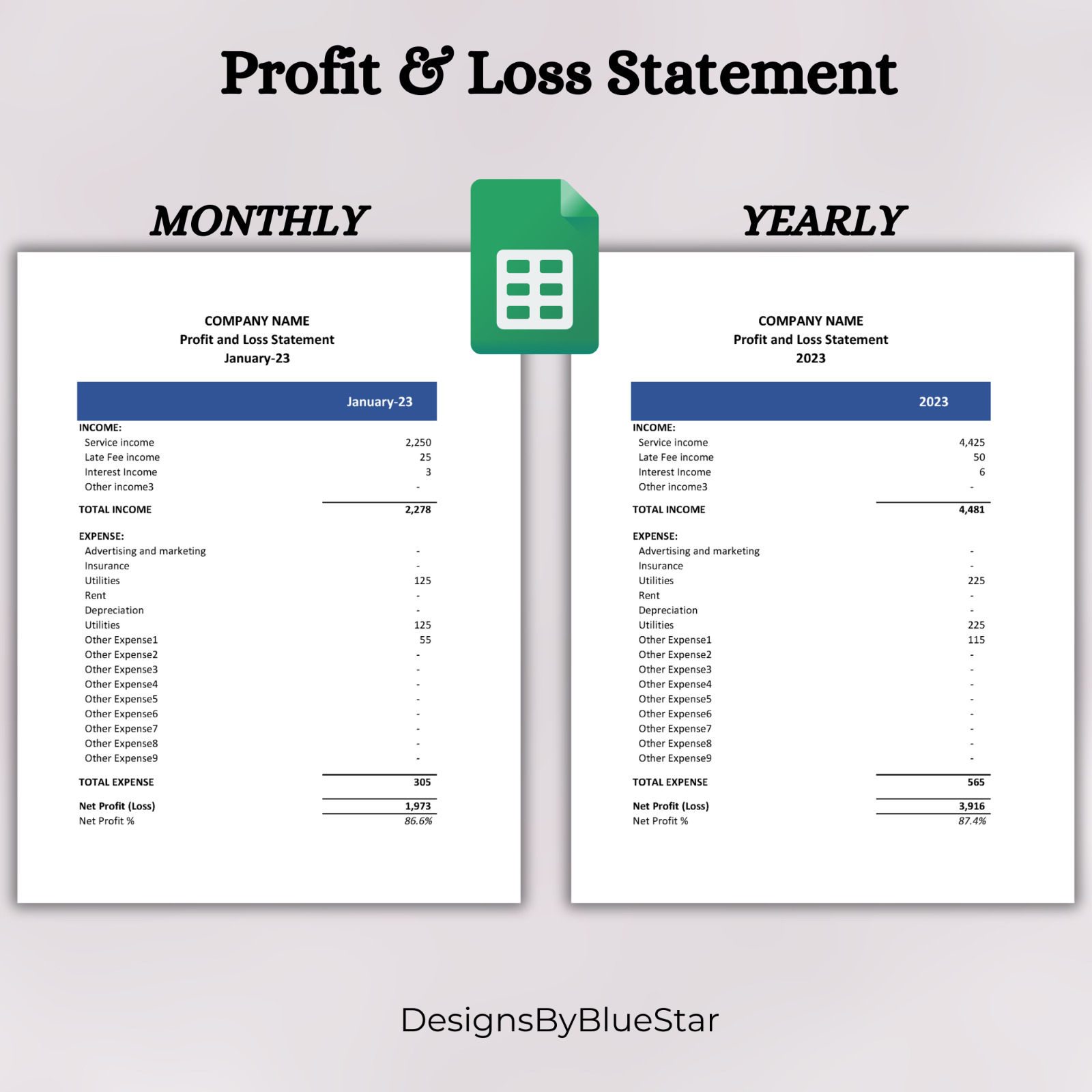 Profit and Loss Statement Template in Google Sheet, Income Statement Spreadsheet
