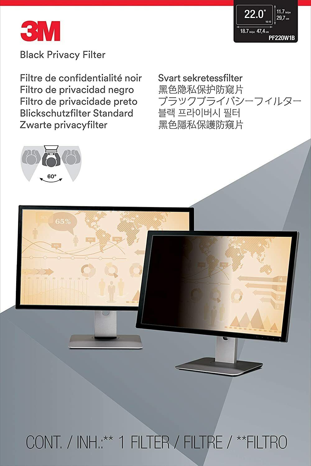 3M Privacy Filter for 22.0 Inch Widescreen Monitor, Reversible Gloss/Matte