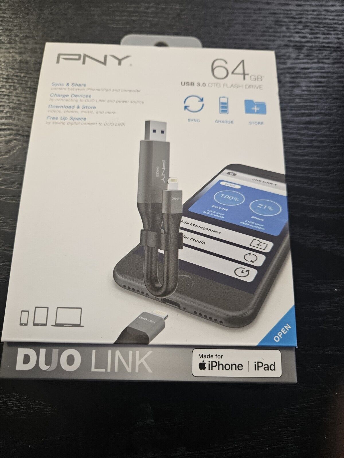 PNY - DUO Link 64GB USB 3.0 OTG Flash Drive for iOS Devices and Computers - Gray