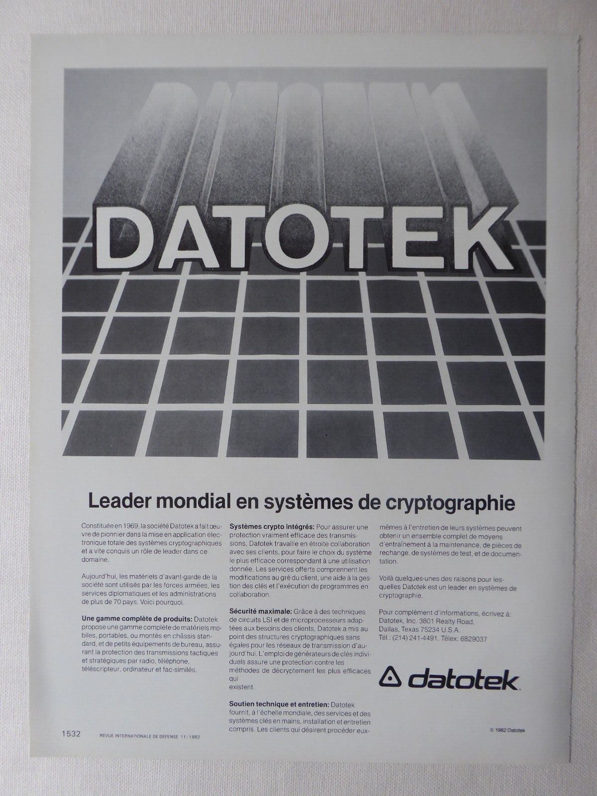 11/1982 PUB DATATEK ENCRYPTION SYSTEMS ENCRYPTION CRYPTOGRAPHY ORIGINAL FRENCH AD