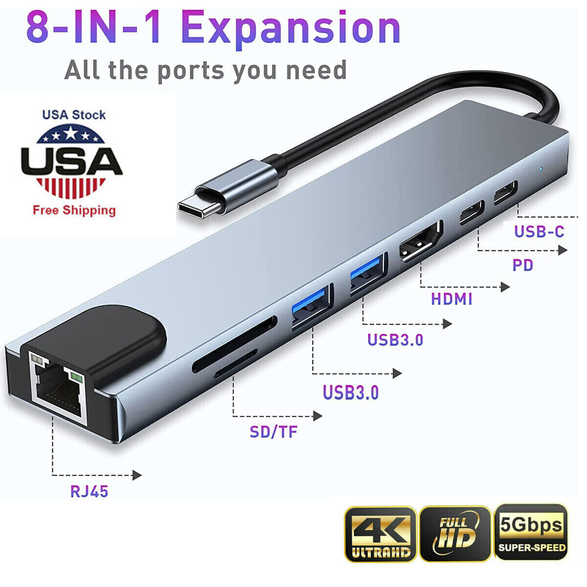 8-in-1 USB-C Hub Adapter Type-C Hub HDMI For MacBook Pro/Air iPad Pro Laptop