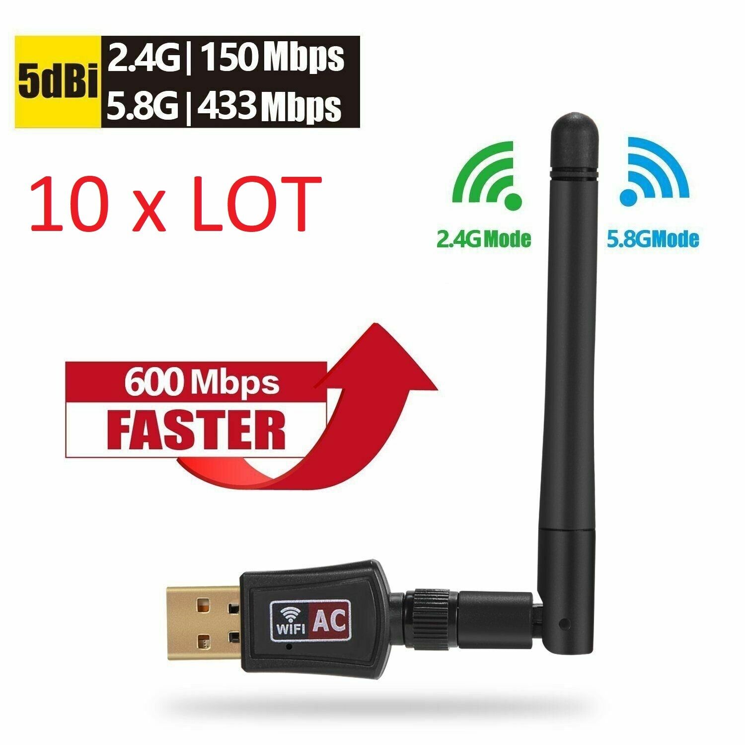 10 X LOTAC600 Mbps Dual Band 2.4/5Ghz Wireless USB WiFi Network w/Antenna 802.11
