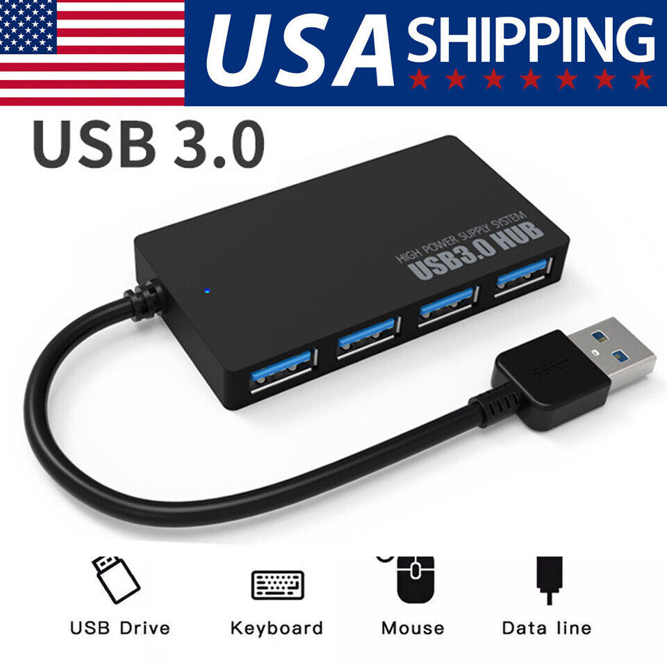 USB 3.0 Hub 4-Port Adapter Charger Data Slim Super Speed PC Mac Laptop Desktop