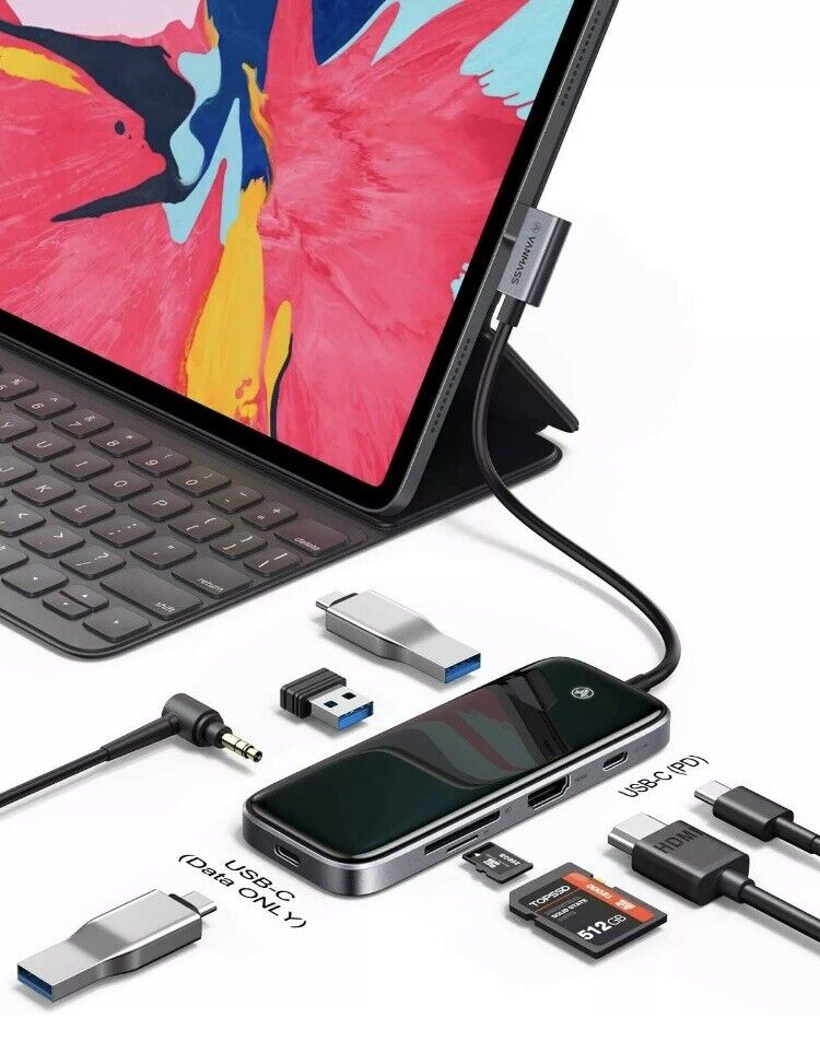 Aluminum-Glass USB C PD 8 in 1 Hub, 4K HDMI, 2A+2C USB3 Ports, Audio, SD & TF
