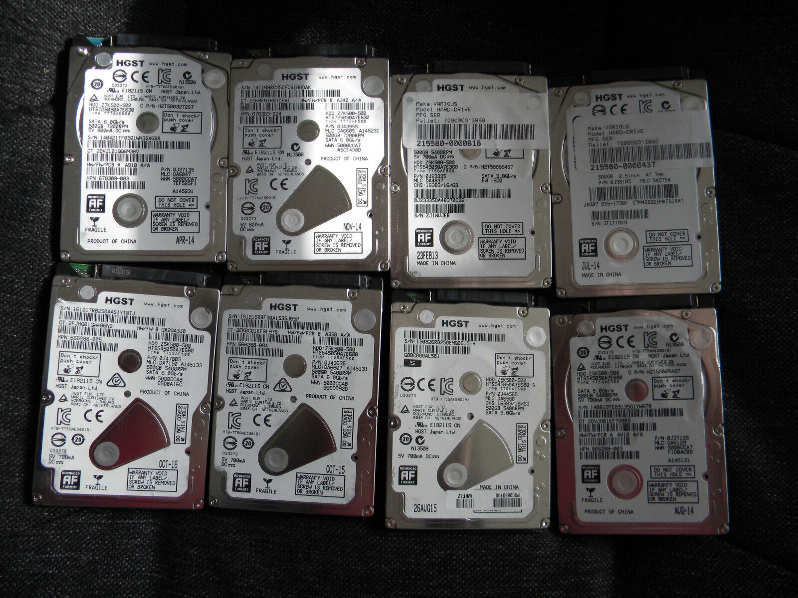 Lot of Ten HGST Z7K500-500 &Z5K500 500GB, SATA 3 2.5\