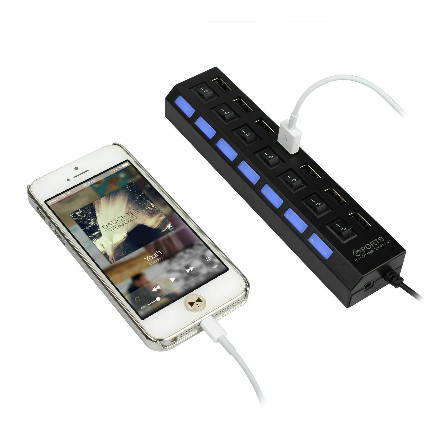 US 7 Port USB 2.0 HUB LED Powered High Speed Splitter Extender Cable Black White