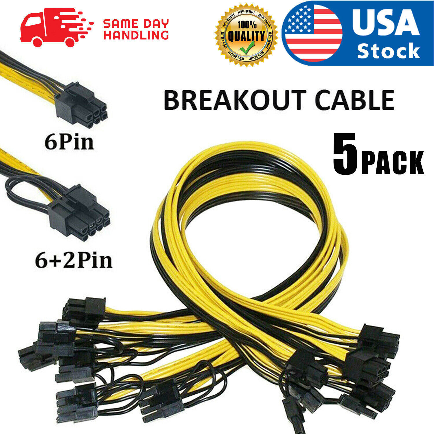 5PCS / 10PCS 50cm Breakout Cable 6 pin to 8 pin (6+2) PCIE Cable 18AWG Mining US