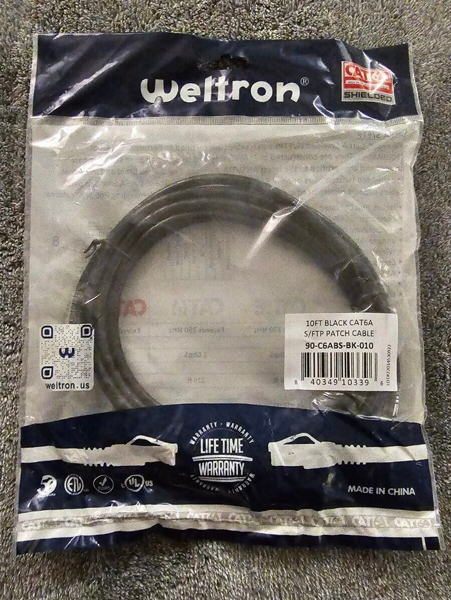 Weltron 10ft Black CAT6A S/FTP Shielded Patch Cable - Lifetime Warranty