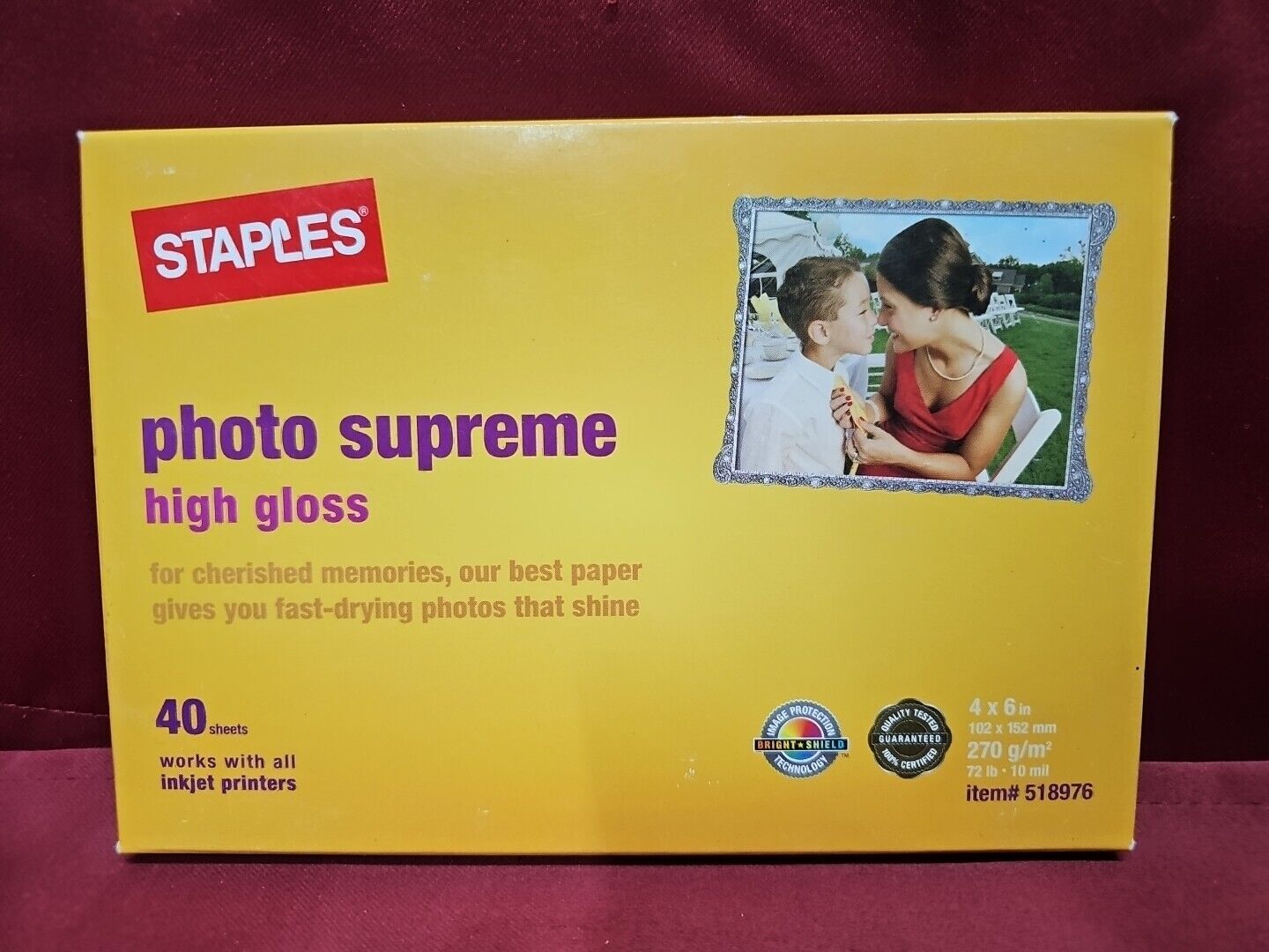 Staples 4 X 6 photo supreme high gloss 40 sheets item# 518976 for Inkjet Printer