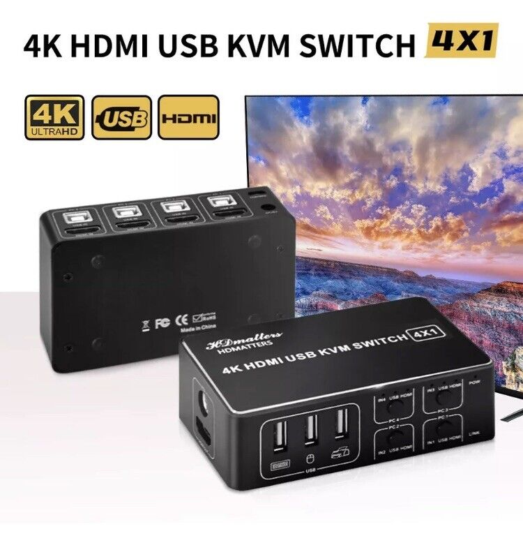 4 Port 4K HDMI USB KVM Switch 4X1 Switcher for PC Laptop Sharing Mouse Keyboard
