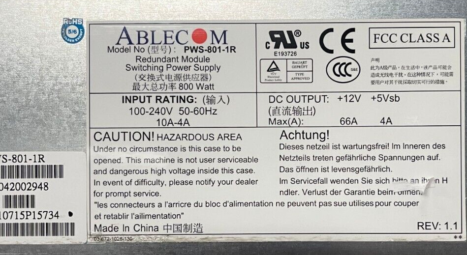 PWS-801-1R Supermicro Ablecom 800W Watt Power Supply PSU 