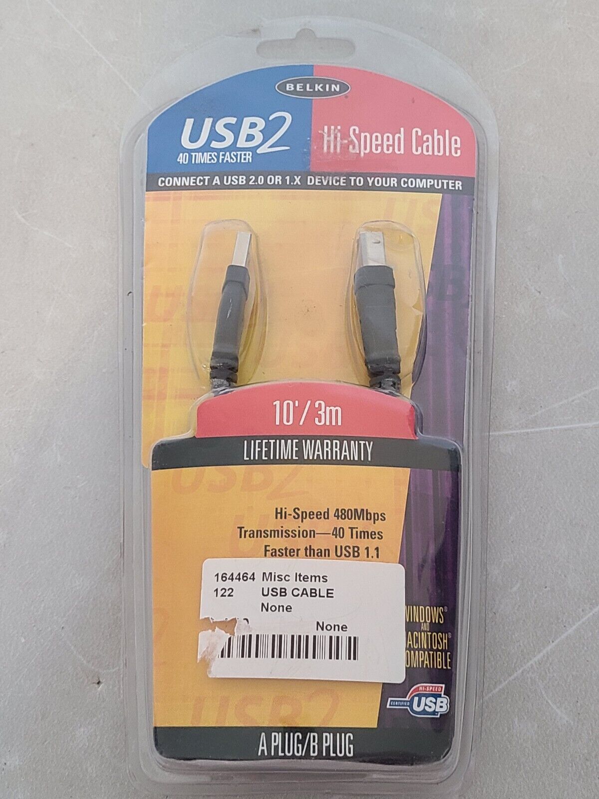 Belkin USB2 Hi Speed Cable 10\'/3m F3U133-10 Win & Mac USB2 ~ 40 Times Faster