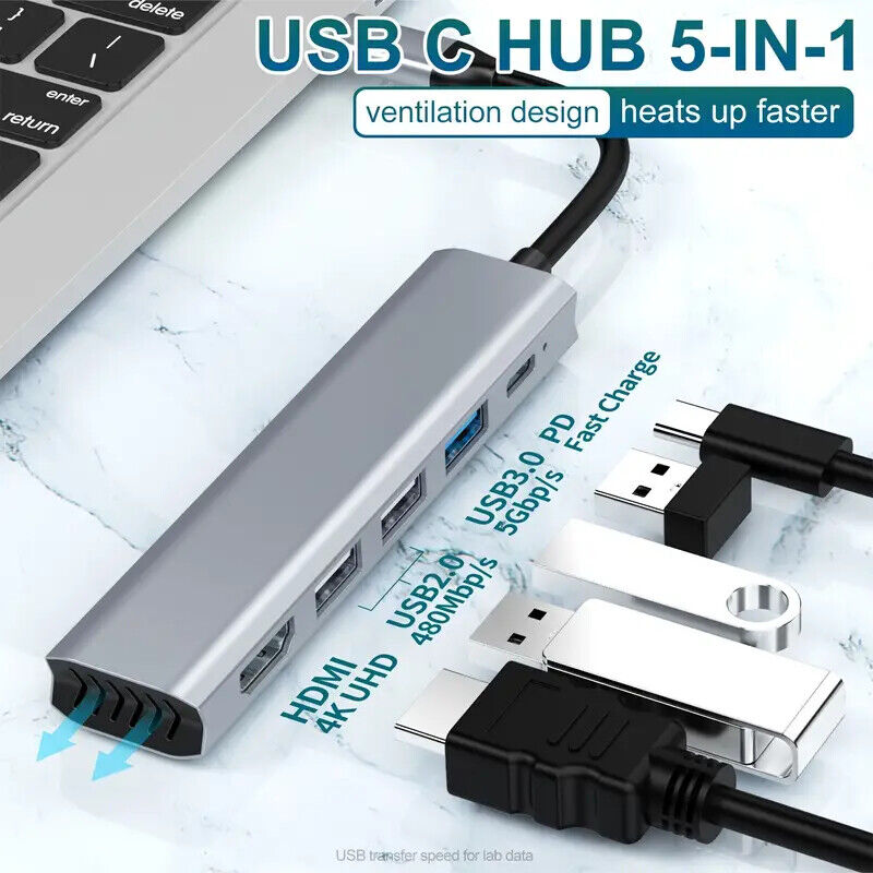 USB C Hub, MacBook Adapter Dongle Multiport, USB3.0, 4K HDMI, SD/TF Card Reader