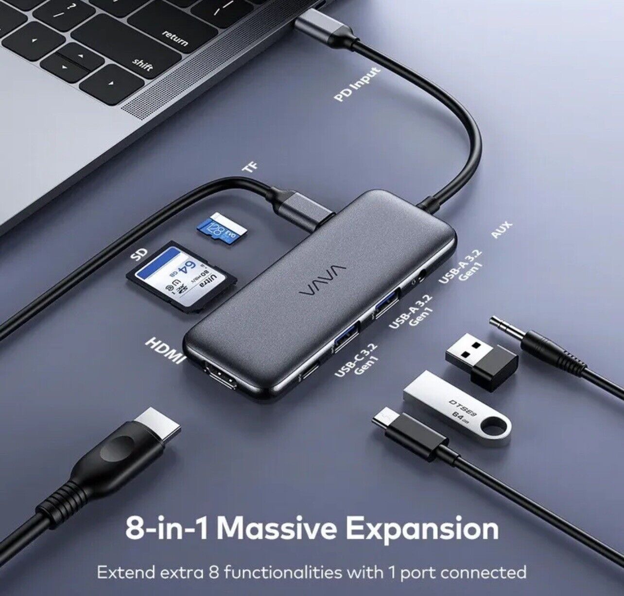 VAVA 8-in-1 USB-C Hub 4K 60Hz HDMI USB-A SD Card Slot Space Gray VA-UC020 USB- U