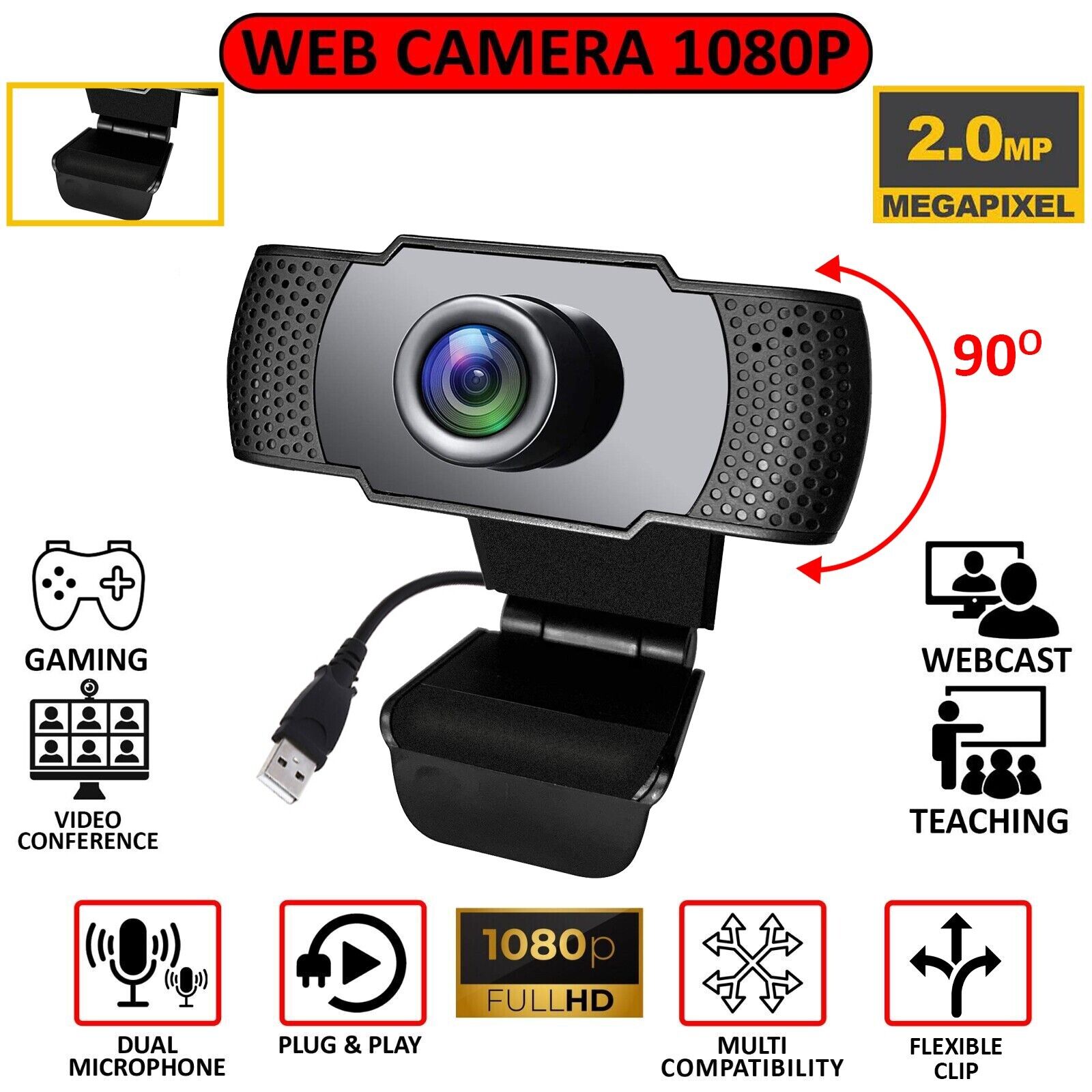 Webcam Full HD 1080P for PC Desktop/Laptop Auto Focus Web Camera with Microphone