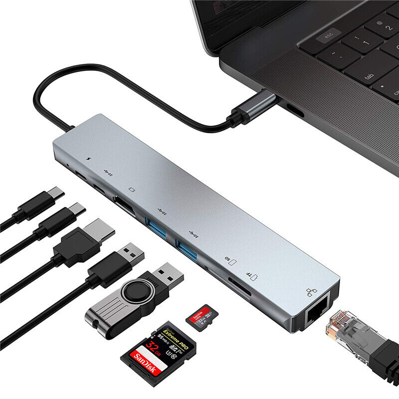 8 In 1 USB-C Multi Function Hub To HDMI 4K USB3.0 TF SD MicroSD 10/100 LAN Dock