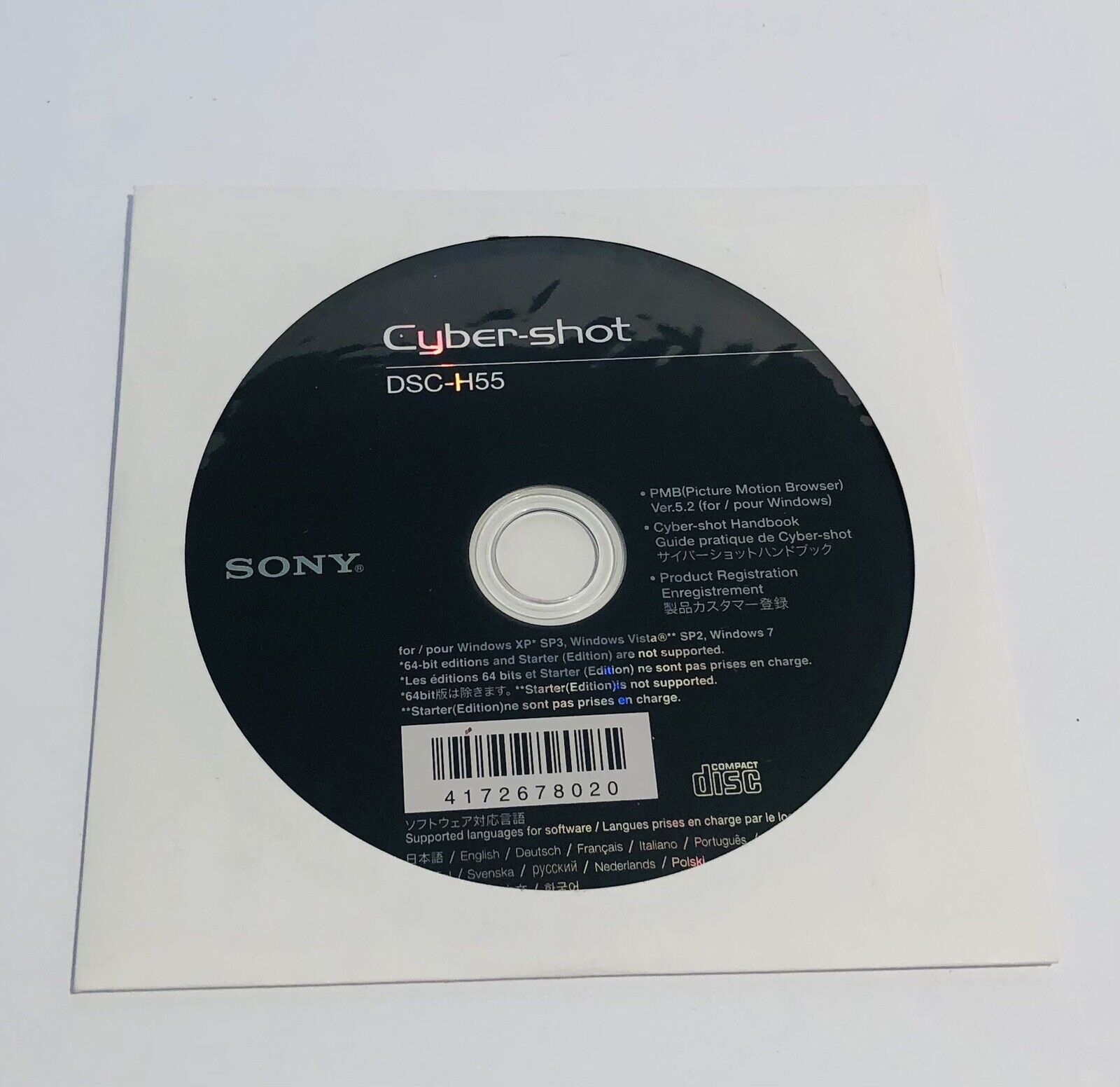 Sony Cyber-shot DSC-H55 Digital Camera Application Software Disc Windows Mac
