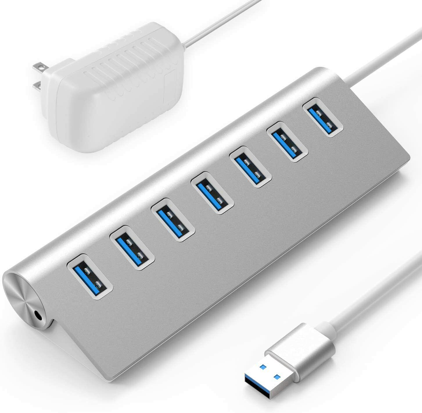 7-Port USB 3.0 Hub Aluminum Data Hub with 20W Power Adapter for Desktop PC 