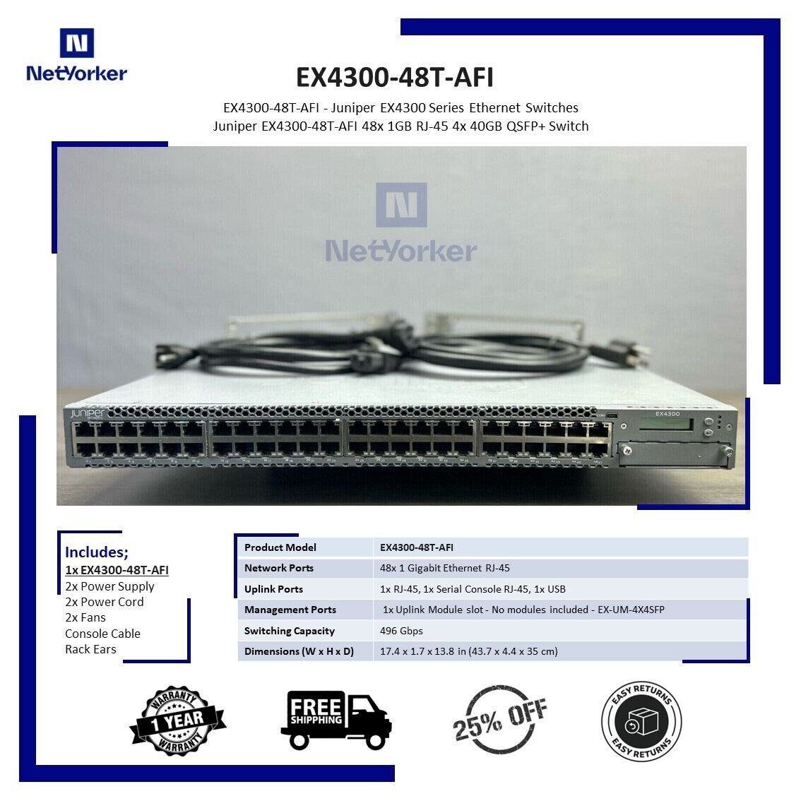 Juniper EX4300-48T-AFI 48x 1GB RJ-45 4x 40GB QSFP+ Switch - Same Day Shipping