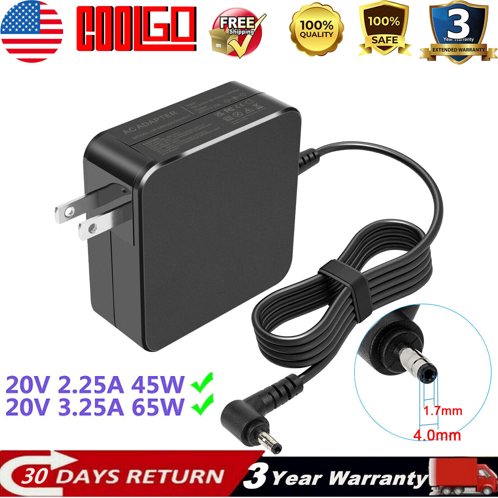 65w AC Charger Adapter for Lenovo IdeaPad 310 320 330 330s Laptop Power Supply