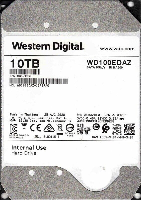 WD100EDAZ-11F3RA0 P/N: 2W10325 AUG 2020 Western Digital 10TB