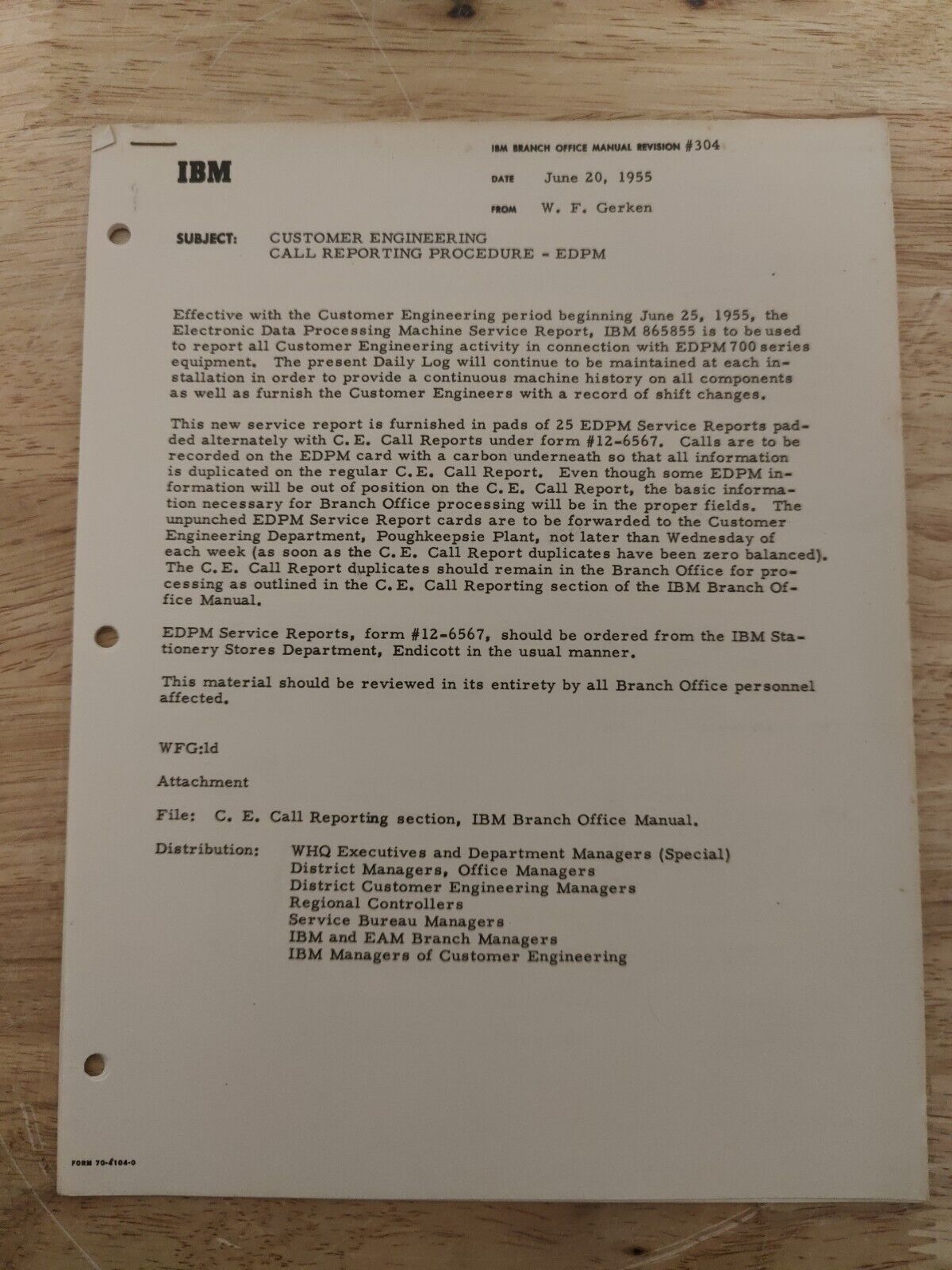 IBM Branch Office Customer Engineering Call Reporting Procedure EDPM 1955 Memo