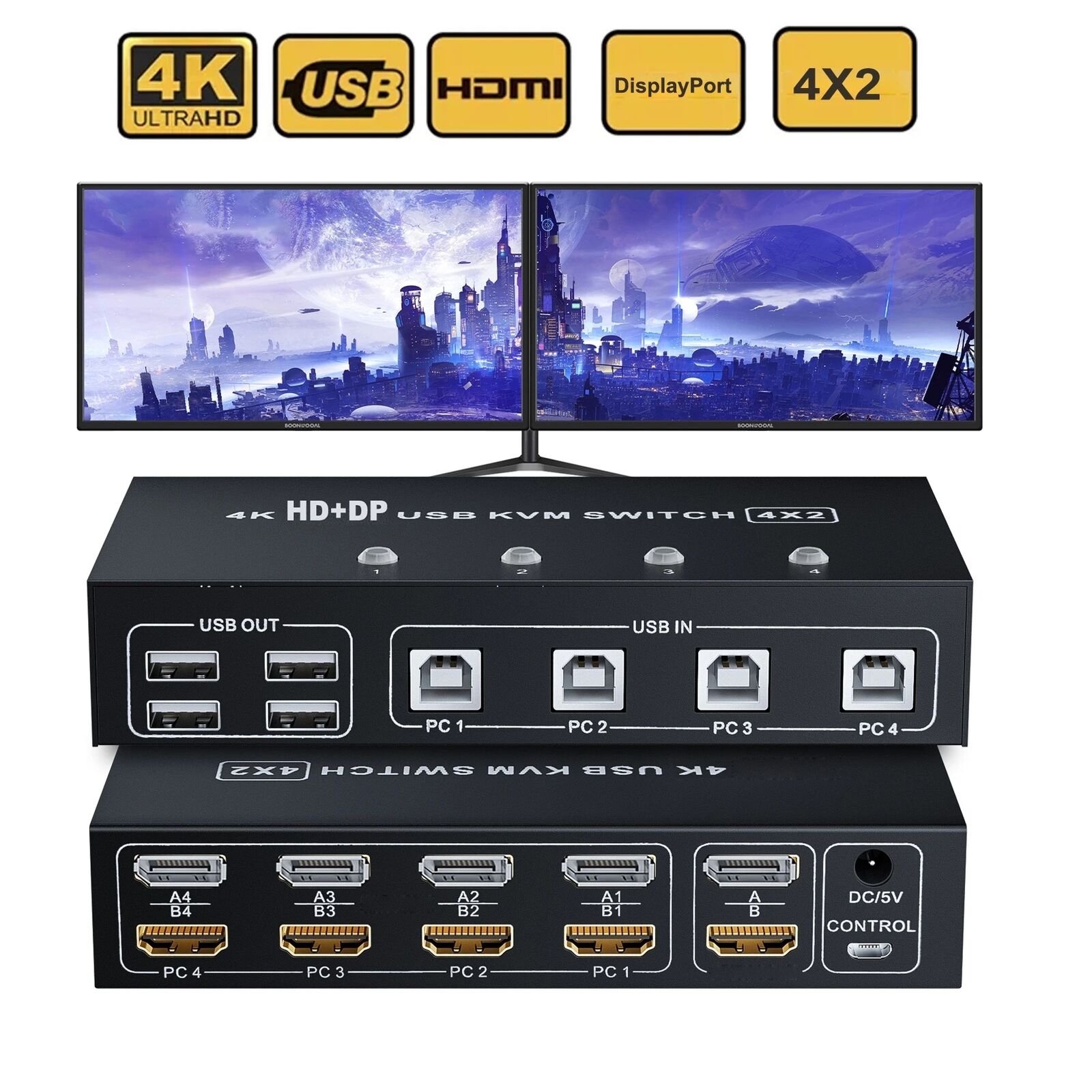 4 Port 4K@60Hz Dual Monitor HDMI & DisplayPort USB KVM Switch 4X2 KVM Switcher 