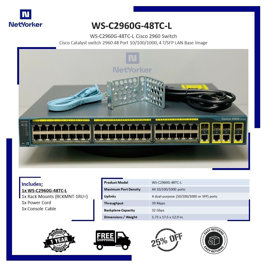 Cisco WS-C2960G-48TC-L Catalyst 2960 48 Port 10/100/1000 -Same Day Shipping