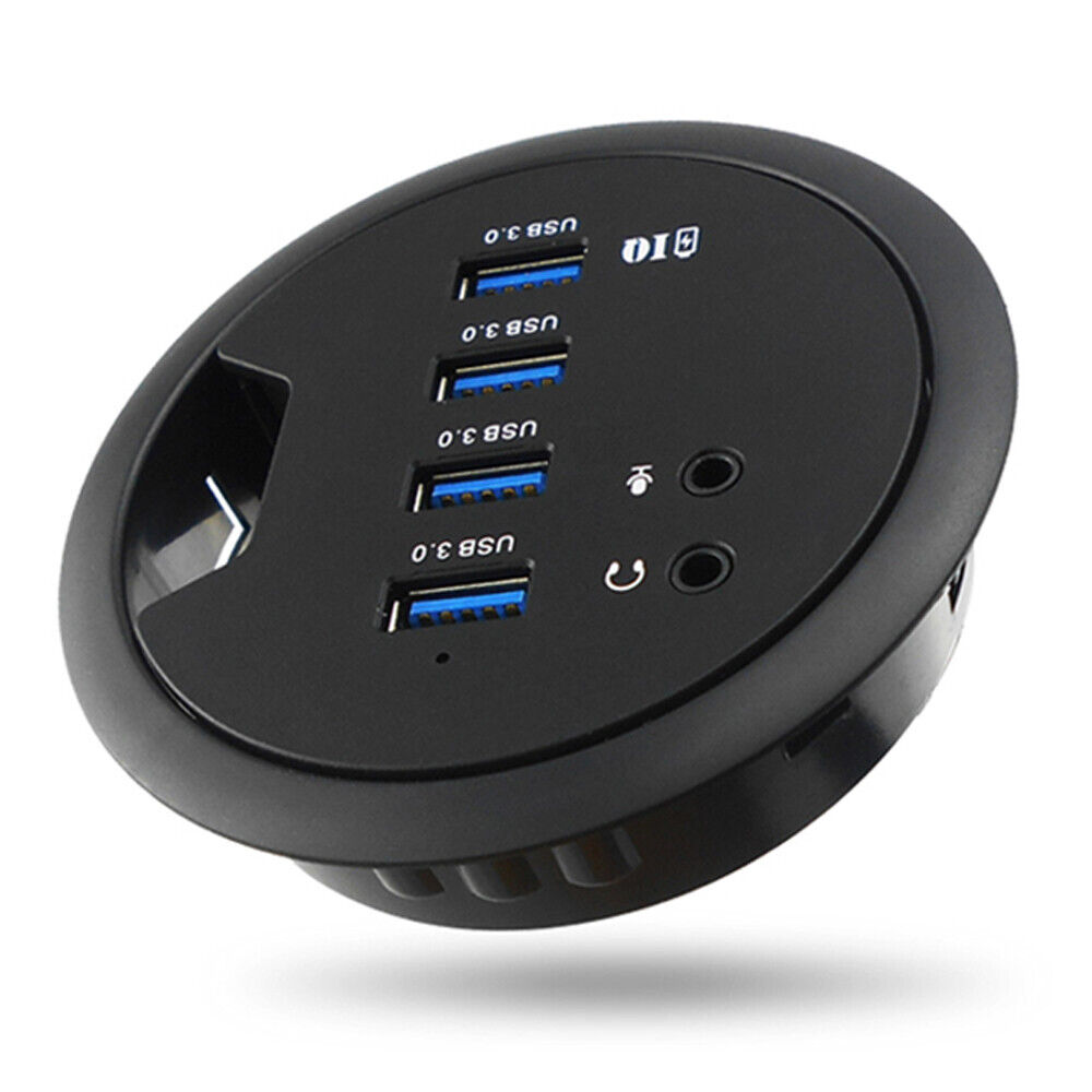 Mount In Desk 4-Port USB 3.0 HUB Adapter and External Stereo Sound Adapter Combo