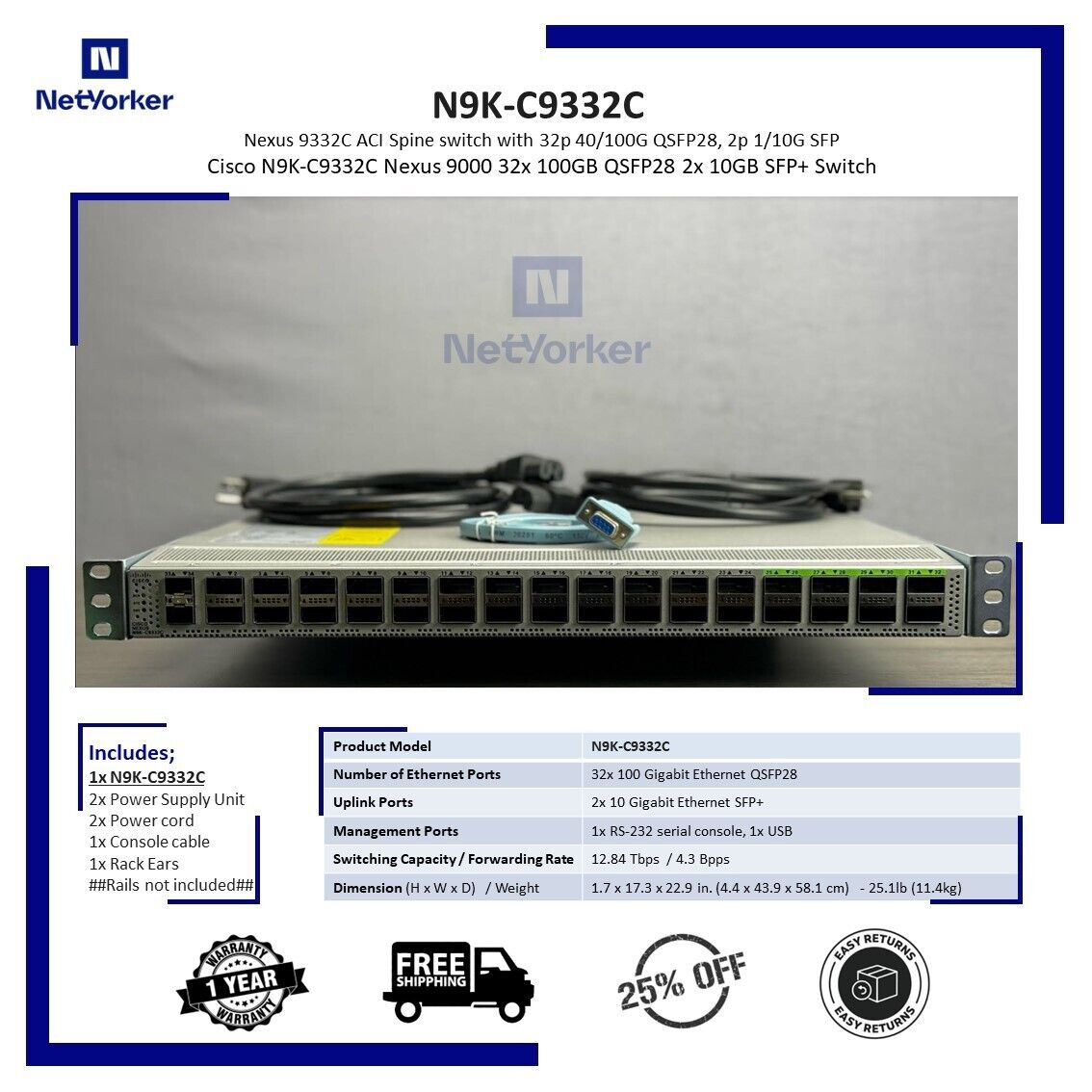 Cisco N9K-C9332C Nexus 9000 32x 100GB QSFP28 2x 10GB SFP+ Switch -Fast Shipping