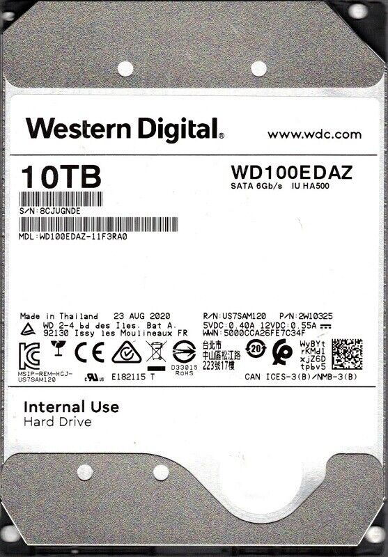 WD100EDAZ-11F3RA0 P/N: 2W10325 Western Digital 10TB