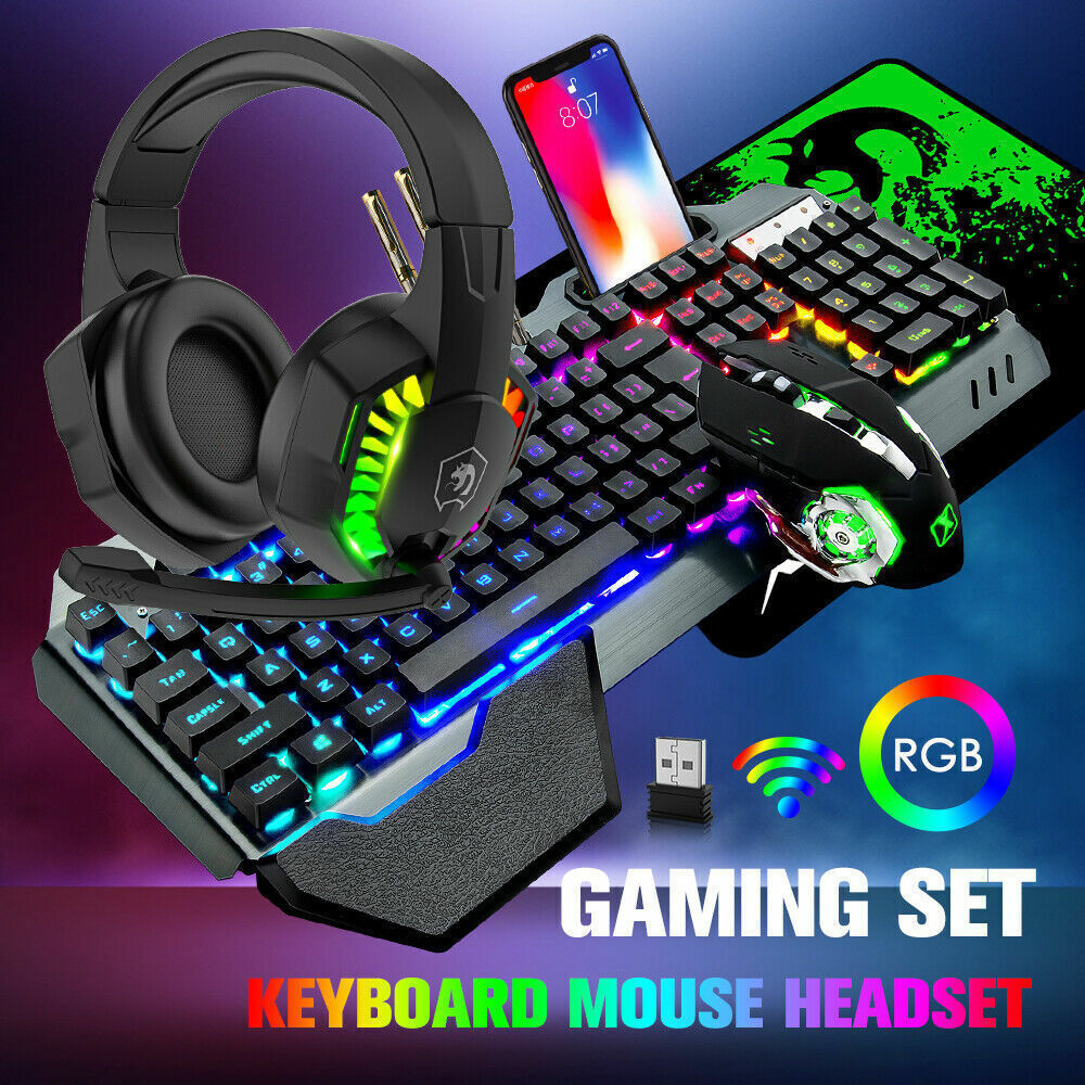 Wireless LED Gaming Keyboard Mouse Mousepad Headset 4in1 Set for Gamer offices