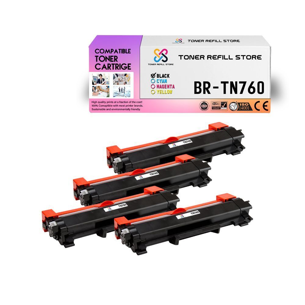 4Pk TRS TN760 Black HY Compatible for Brother HLL2350DW L2370DW Toner Cartridge