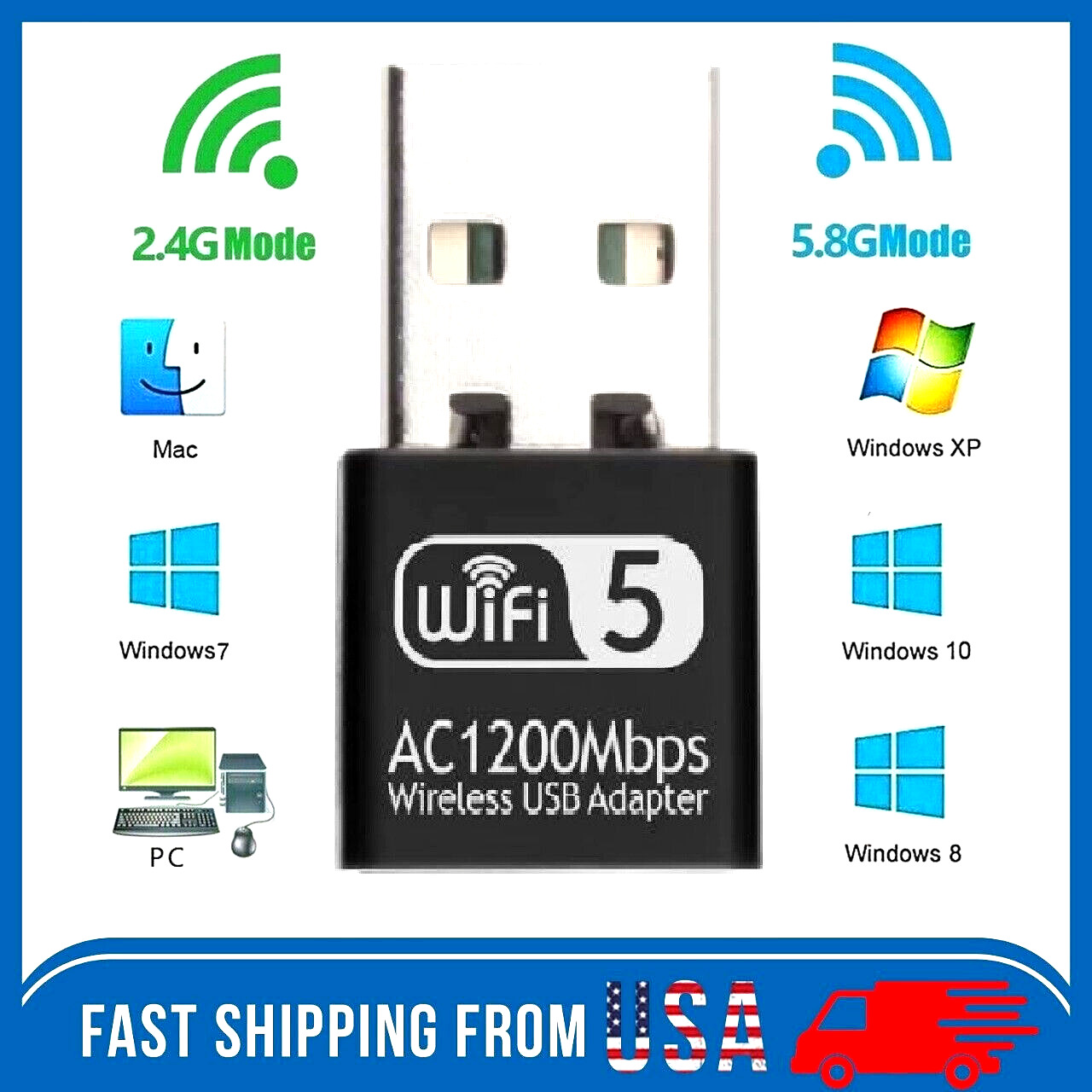 Wireless Lan USB PC WiFi Adapter Network 802.11AC 1200Mbps Dual Band 2.4G / 5G