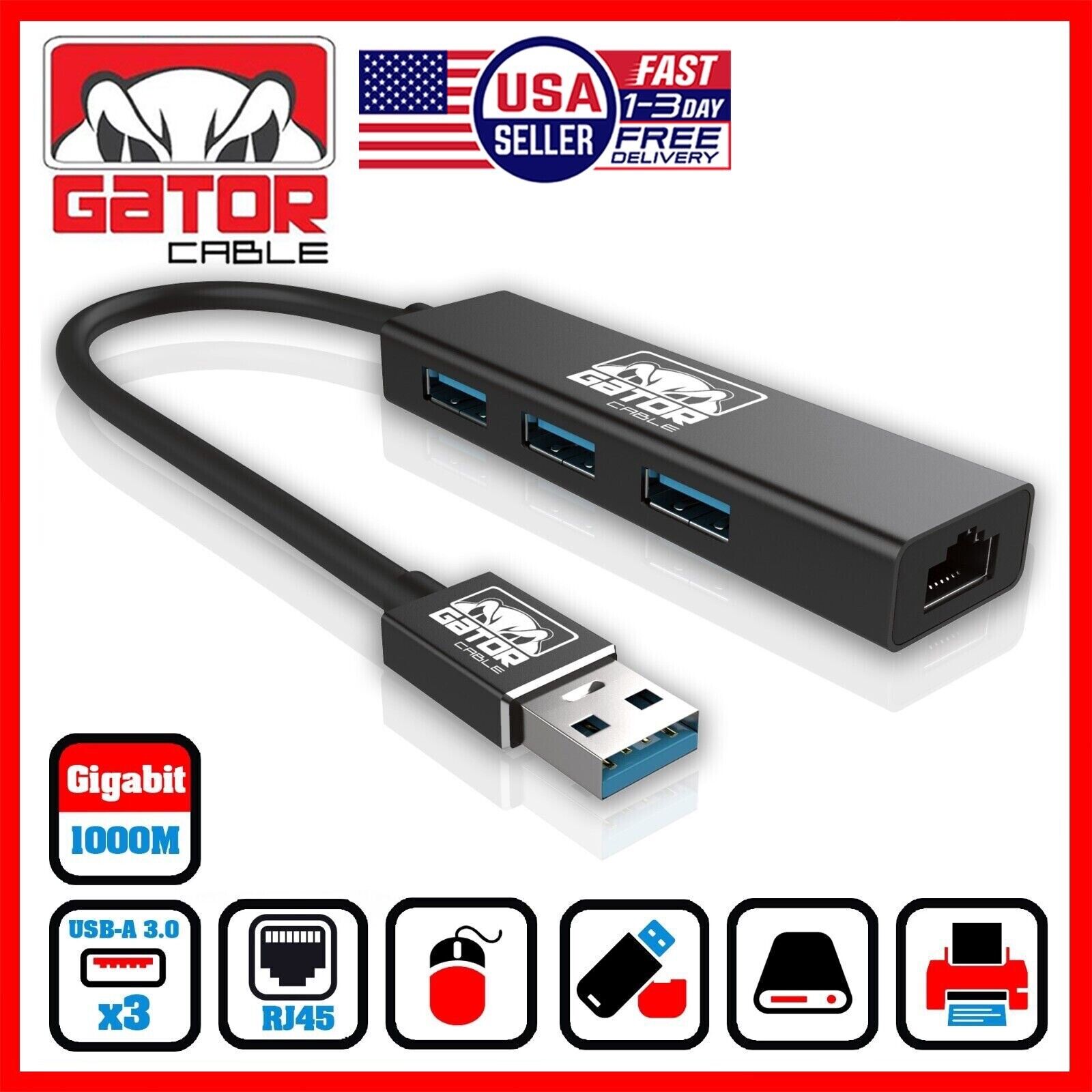 USB 3.0 Gigabit Ethernet LAN RJ45 1000Mbps Network Adapter 3-USB Port HUB PC Mac