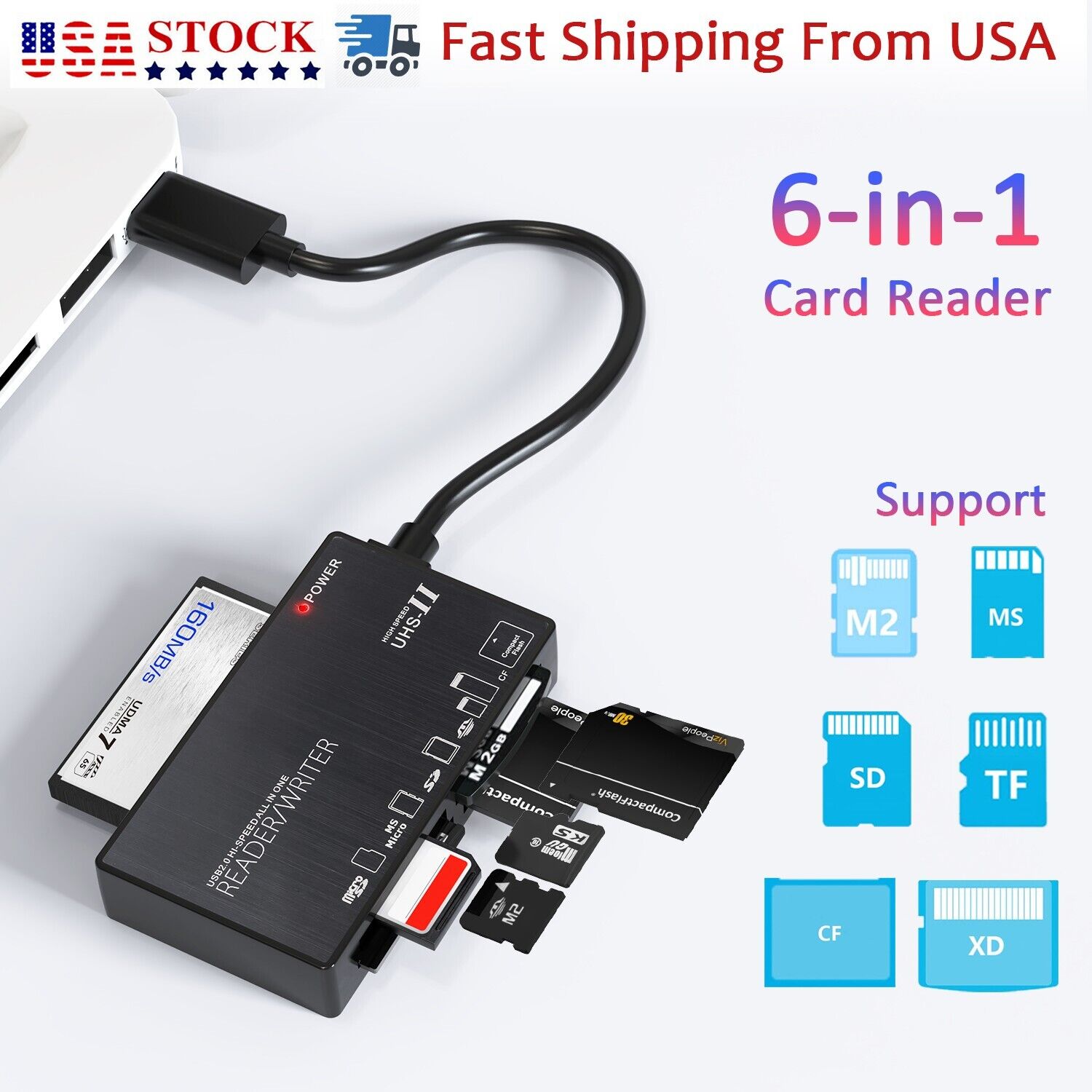 6-in-1 Type-C HUB Multiport Card Reader Micro SD TF CF Adapter Laptop Computer