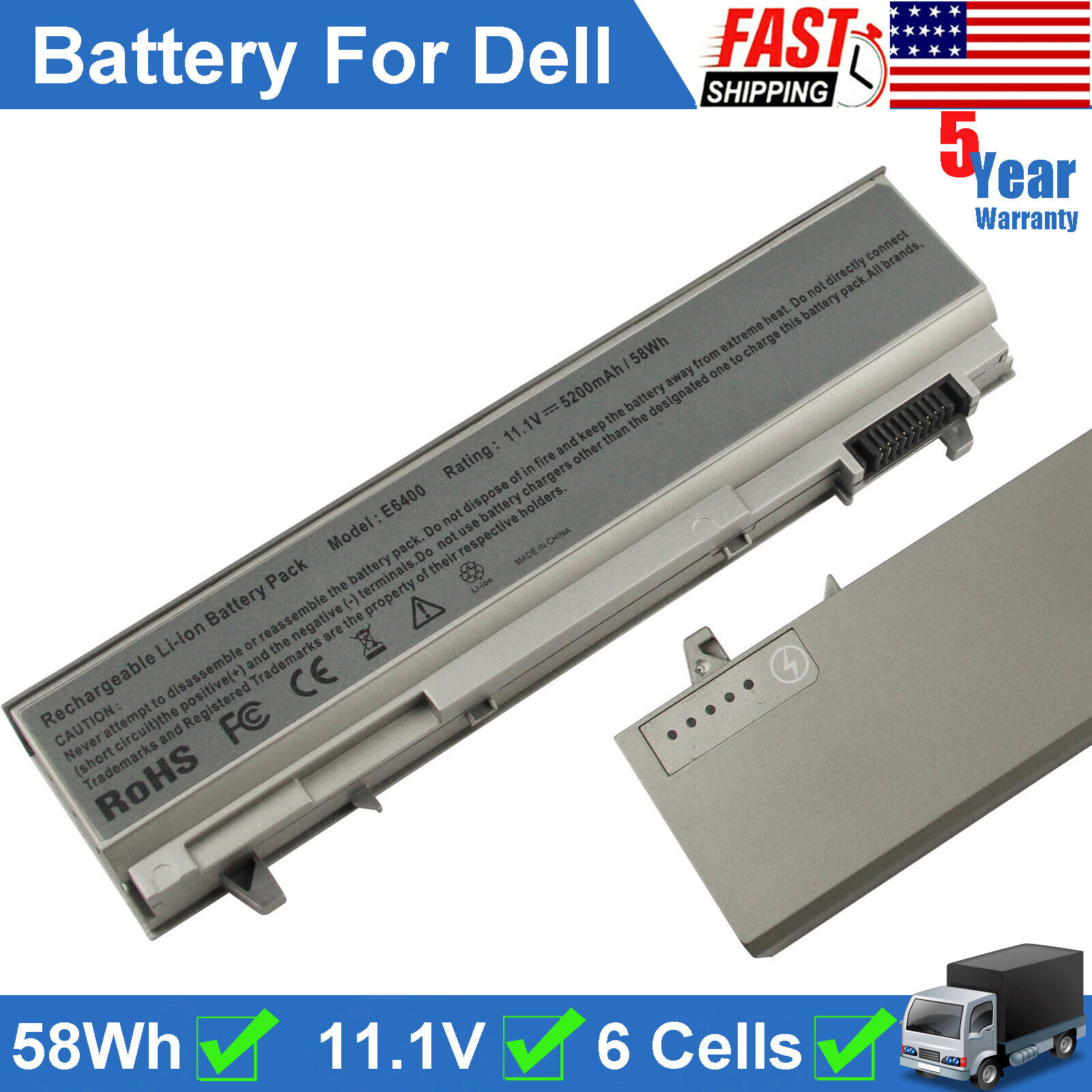 6 Cells Battery For Dell Latitude E6400 E6410 E6500 E6510 Precision M2400 M4400